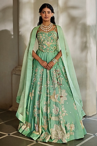 Tiffany Blue Gokul Chiniya & Silk Printed Lehenga Set by Paulmi & Harsh