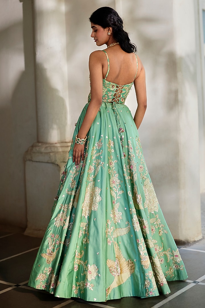 Tiffany Blue Gokul Chiniya & Silk Printed Bridal Lehenga Set by Paulmi & Harsh at Pernia's Pop Up Shop