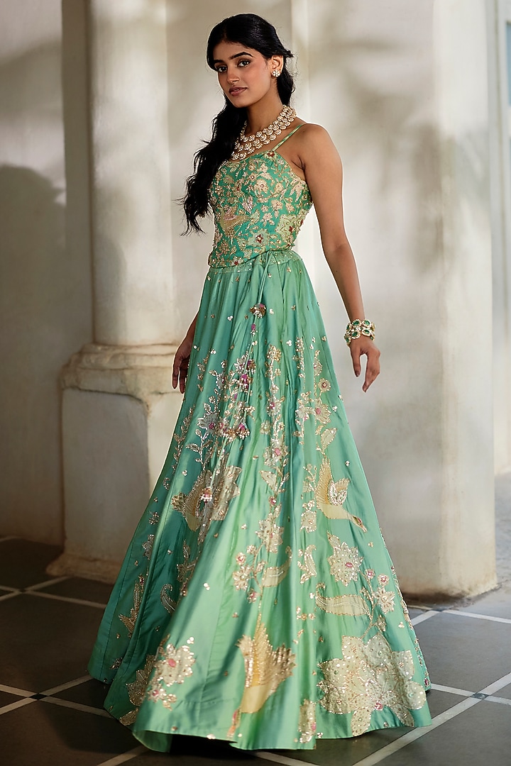 Tiffany Blue Gokul Chiniya & Silk Printed Bridal Lehenga Set by Paulmi & Harsh at Pernia's Pop Up Shop