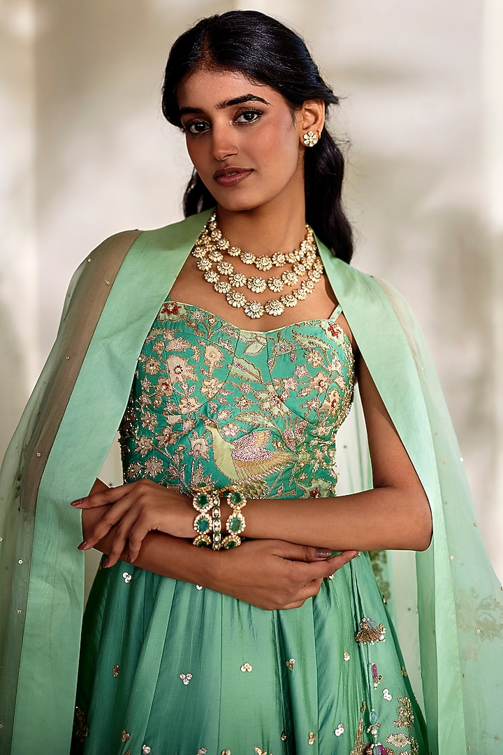 Tiffany Blue Gokul Chiniya & Silk Printed Bridal Lehenga Set by Paulmi & Harsh at Pernia's Pop Up Shop