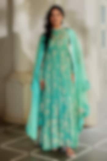Tiffany Blue Georgette Floral Printed Wedding Anarkali With Cape by Paulmi & Harsh at Pernia's Pop Up Shop