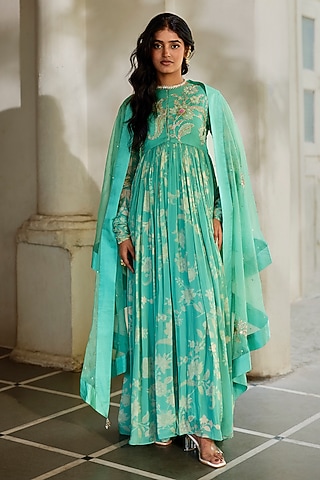 Tiffany Blue Georgette Floral Printed Anarkali With Cape by Paulmi & Harsh
