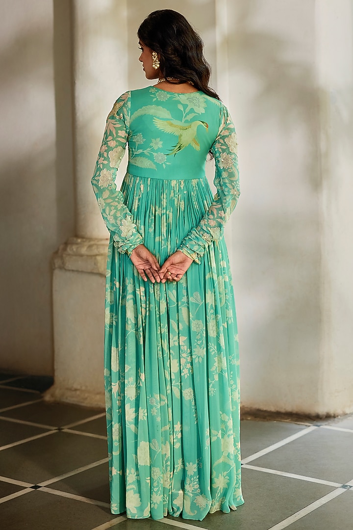 Tiffany Blue Georgette Floral Printed Wedding Anarkali With Cape by Paulmi & Harsh at Pernia's Pop Up Shop