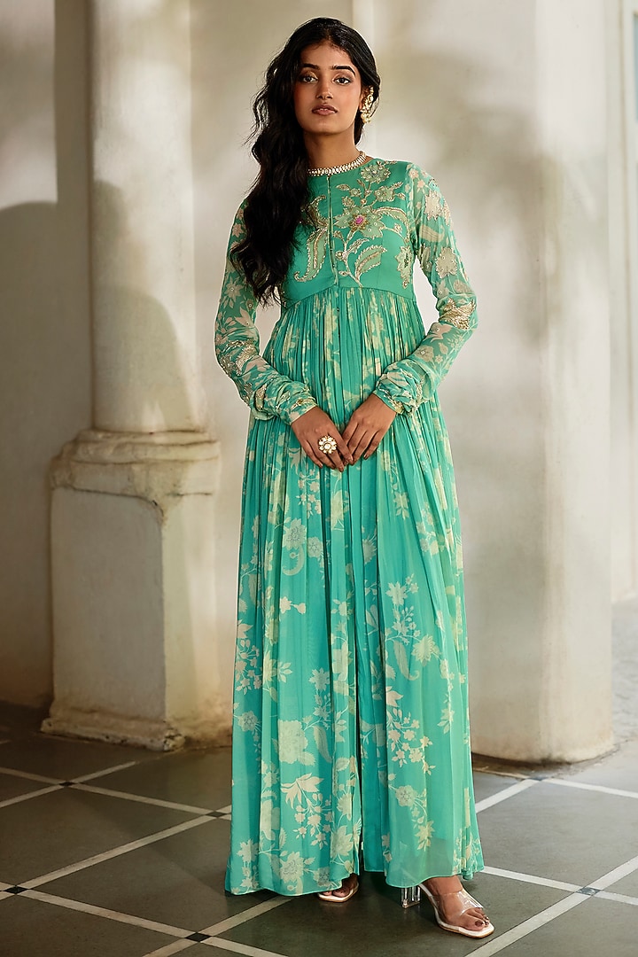Tiffany Blue Georgette Floral Printed Wedding Anarkali With Cape by Paulmi & Harsh at Pernia's Pop Up Shop