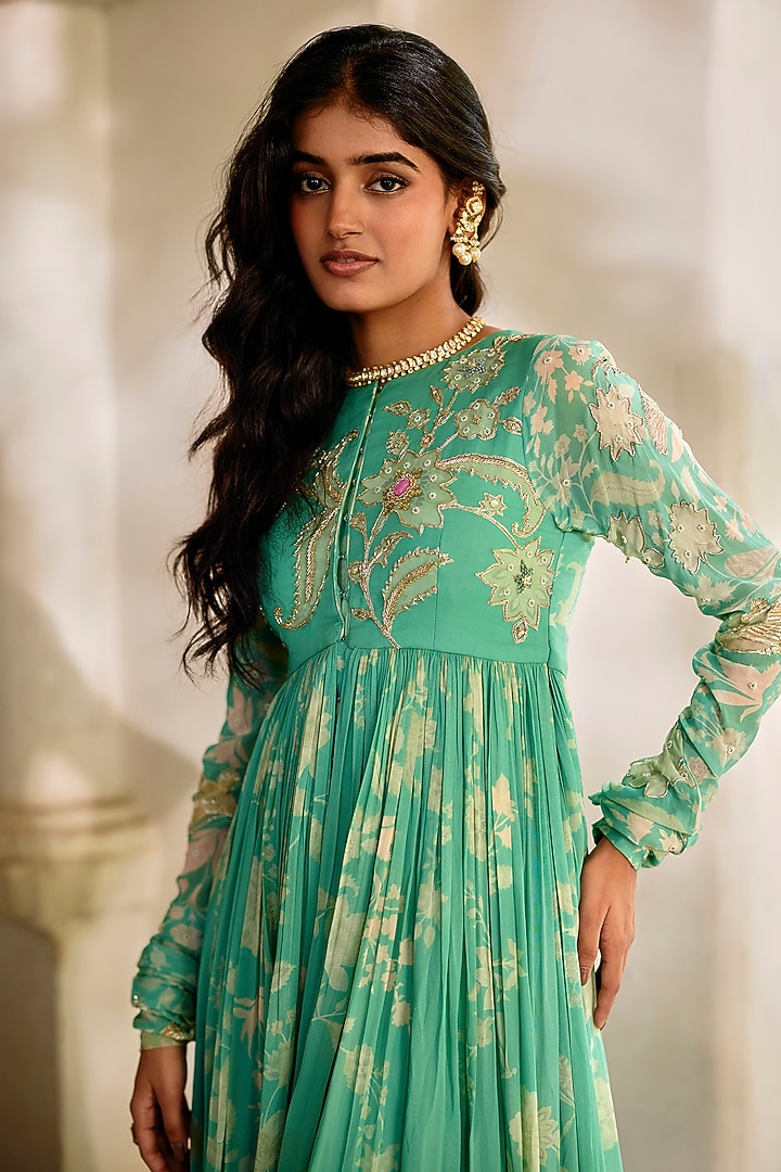 Tiffany Blue Georgette Floral Printed Wedding Anarkali With Cape by Paulmi & Harsh at Pernia's Pop Up Shop