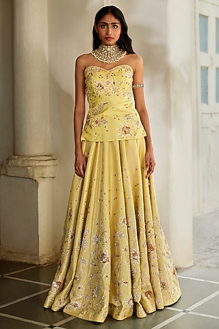 Soft Yellow Jamawar Jacquard hand Embroidered Lehenga Set by Paulmi & Harsh