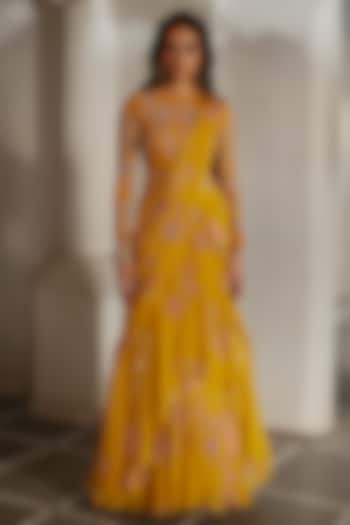 Yellow Chiffon Floral Printed Wedding Saree Set by Paulmi & Harsh at Pernia's Pop Up Shop