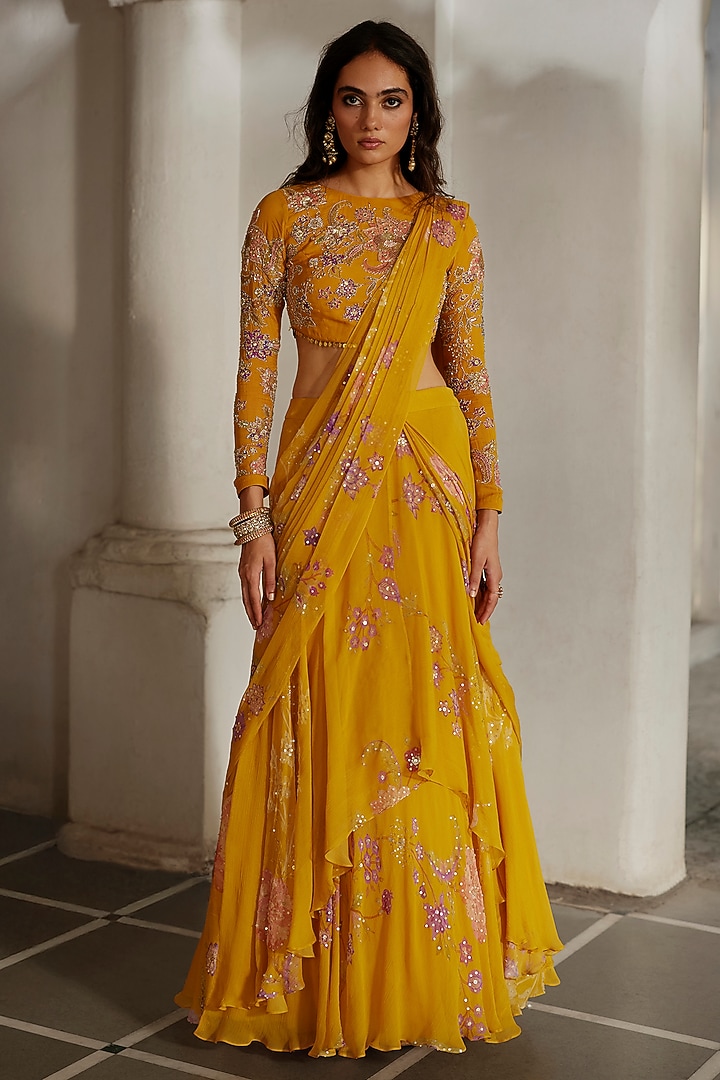 Yellow Chiffon Floral Printed Wedding Saree Set by Paulmi & Harsh at Pernia's Pop Up Shop