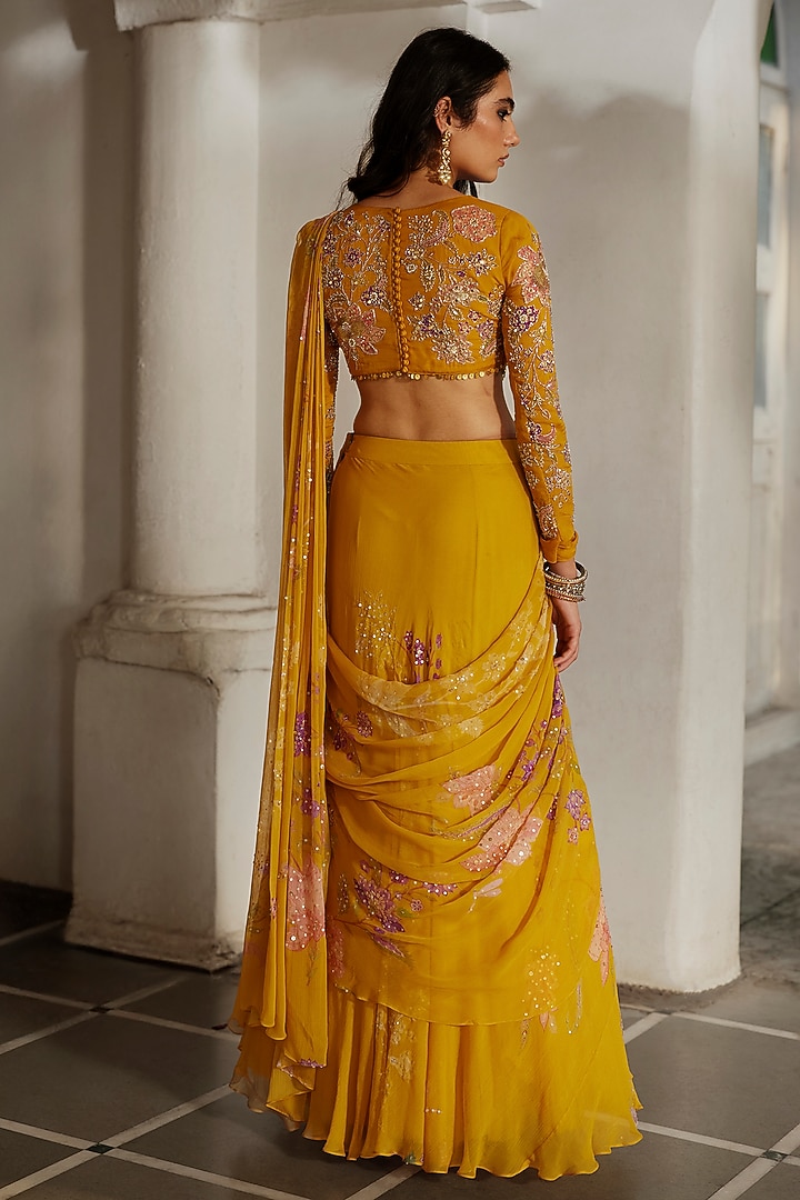 Yellow Chiffon Floral Printed Wedding Saree Set by Paulmi & Harsh at Pernia's Pop Up Shop