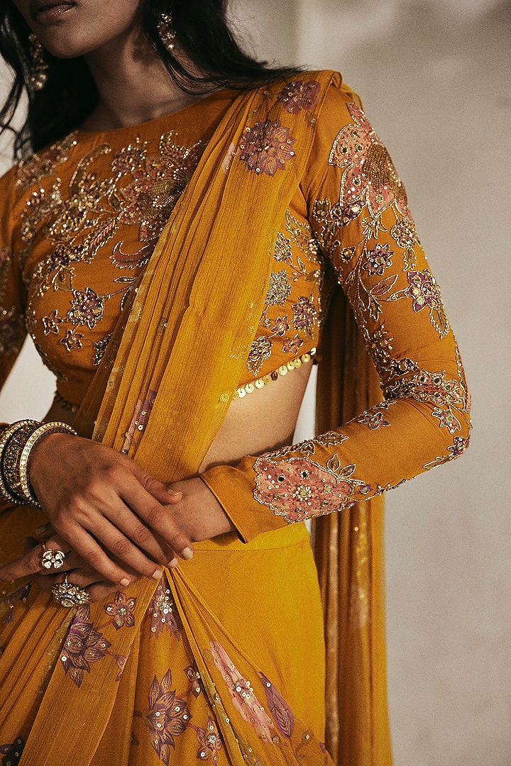 Yellow Chiffon Floral Printed Wedding Saree Set by Paulmi & Harsh at Pernia's Pop Up Shop