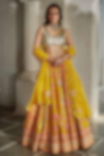 Yellow Gokul Chiniya Floral Printed Bridal Lehenga Set by Paulmi & Harsh at Pernia's Pop Up Shop
