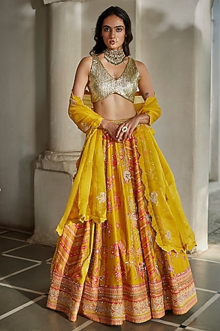 Yellow Gokul Chiniya Floral Printed Lehenga Set by Paulmi & Harsh