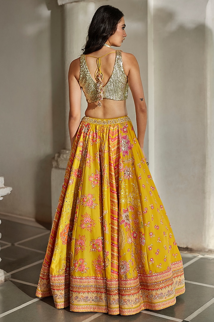 Yellow Gokul Chiniya Floral Printed Bridal Lehenga Set by Paulmi & Harsh at Pernia's Pop Up Shop