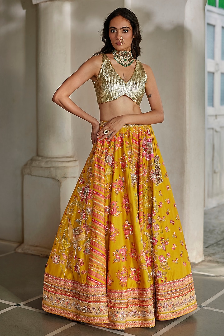 Yellow Gokul Chiniya Floral Printed Bridal Lehenga Set by Paulmi & Harsh at Pernia's Pop Up Shop