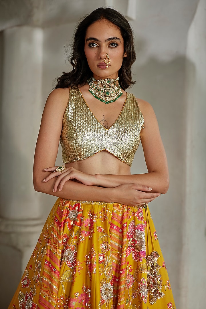Yellow Gokul Chiniya Floral Printed Bridal Lehenga Set by Paulmi & Harsh at Pernia's Pop Up Shop