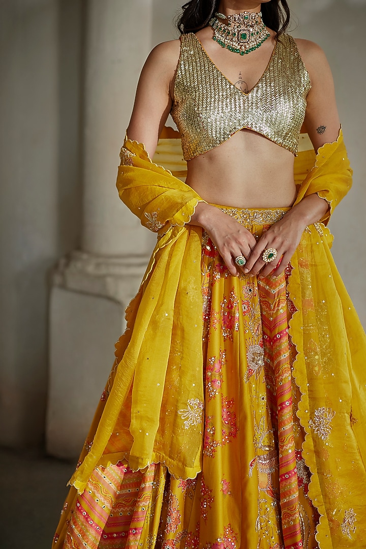 Yellow Gokul Chiniya Floral Printed Bridal Lehenga Set by Paulmi & Harsh at Pernia's Pop Up Shop