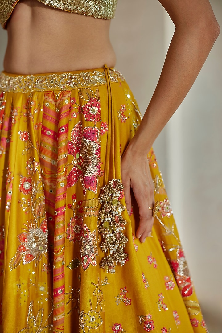 Yellow Gokul Chiniya Floral Printed Bridal Lehenga Set by Paulmi & Harsh at Pernia's Pop Up Shop