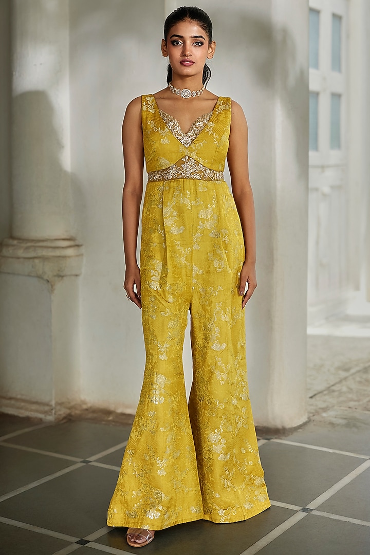 Yellow Jacquard Hand Embroidered Jumpsuit by Paulmi & Harsh at Pernia's Pop Up Shop