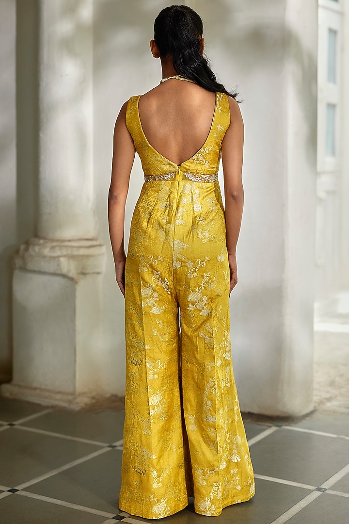 Yellow Jacquard Hand Embroidered Jumpsuit by Paulmi & Harsh at Pernia's Pop Up Shop