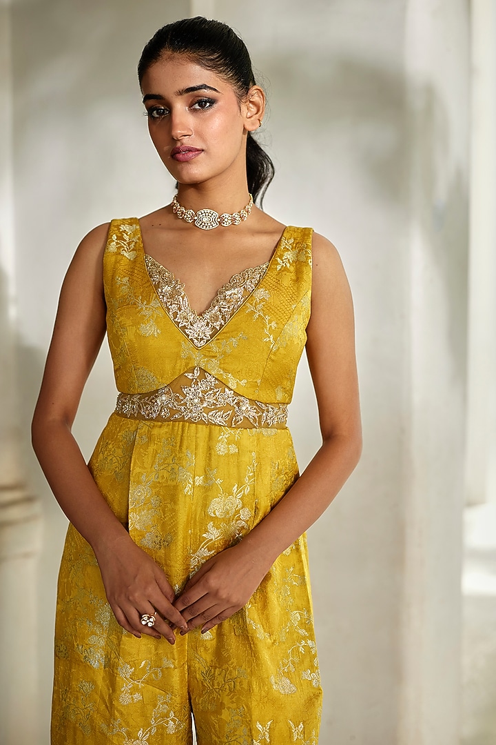Yellow Jacquard Hand Embroidered Jumpsuit by Paulmi & Harsh at Pernia's Pop Up Shop