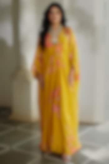Bright Yellow Silk Organza Floral Printed Kaftan by Paulmi & Harsh at Pernia's Pop Up Shop