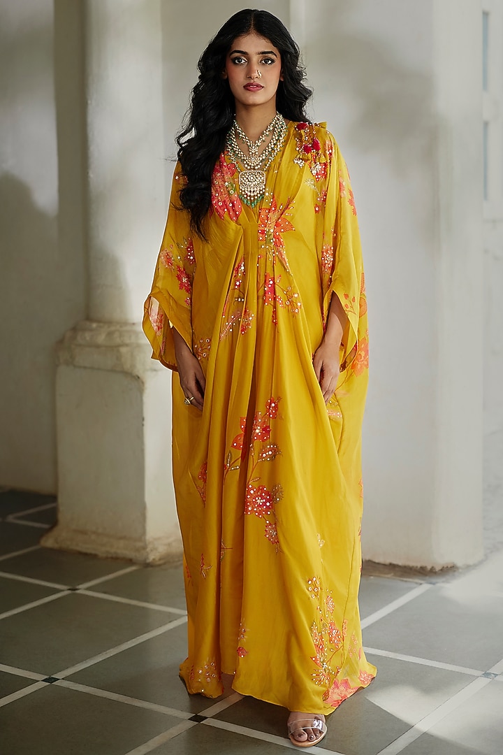 Bright Yellow Silk Organza Floral Printed Kaftan by Paulmi & Harsh at Pernia's Pop Up Shop