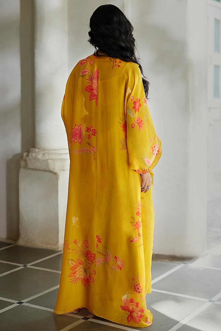 Bright Yellow Silk Organza Floral Printed Kaftan by Paulmi & Harsh at Pernia's Pop Up Shop