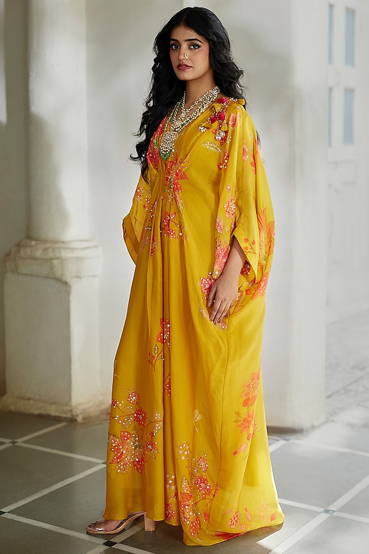 Bright Yellow Silk Organza Floral Printed Kaftan by Paulmi & Harsh at Pernia's Pop Up Shop