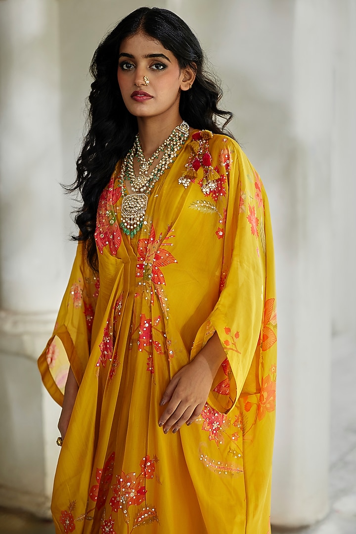 Bright Yellow Silk Organza Floral Printed Kaftan by Paulmi & Harsh at Pernia's Pop Up Shop