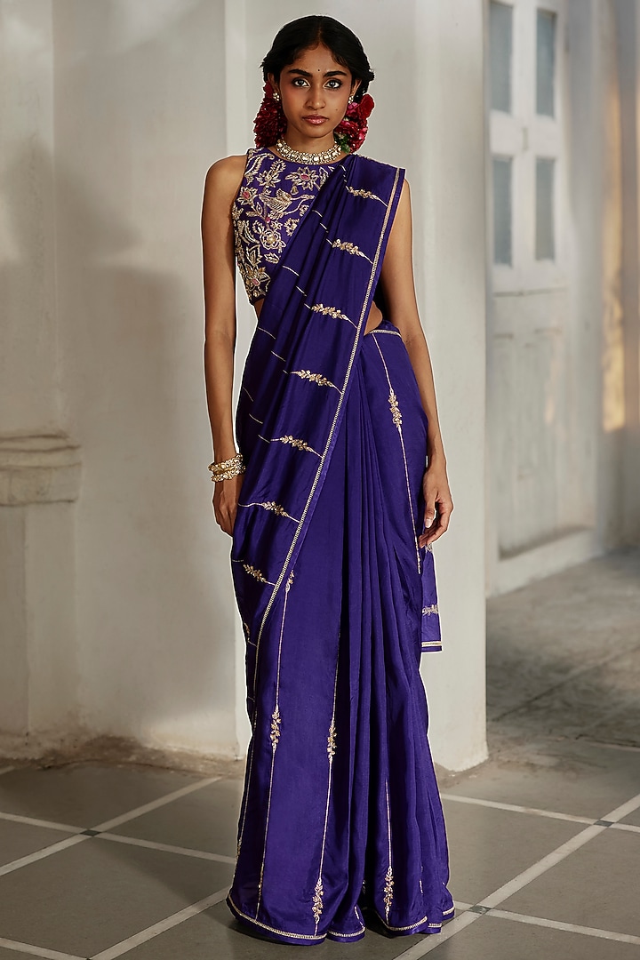Purple Marina Silk Hand Embroidered Wedding Saree Set by Paulmi & Harsh at Pernia's Pop Up Shop