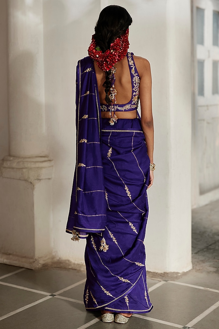 Purple Marina Silk Hand Embroidered Wedding Saree Set by Paulmi & Harsh at Pernia's Pop Up Shop