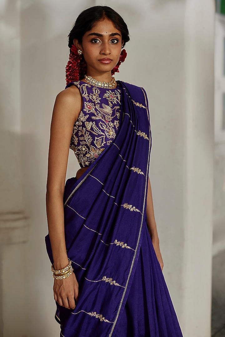 Purple Marina Silk Hand Embroidered Wedding Saree Set by Paulmi & Harsh at Pernia's Pop Up Shop