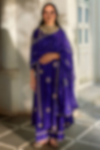 Purple Chiniya Zardosi Hand Embroidered Wedding Anarkali Set by Paulmi & Harsh at Pernia's Pop Up Shop