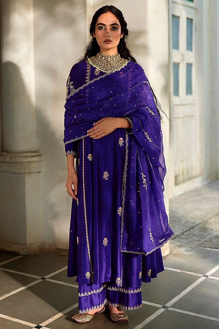 Purple Chiniya Zardosi Hand Embroidered Wedding Anarkali Set by Paulmi & Harsh at Pernia's Pop Up Shop