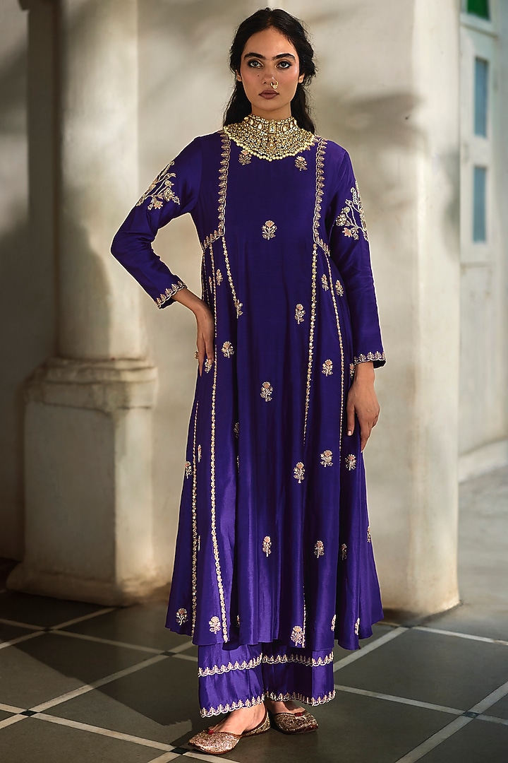 Purple Chiniya Zardosi Hand Embroidered Wedding Anarkali Set by Paulmi & Harsh at Pernia's Pop Up Shop