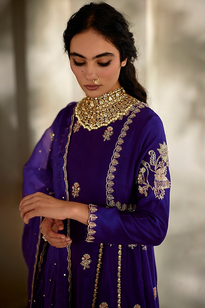 Purple Chiniya Zardosi Hand Embroidered Wedding Anarkali Set by Paulmi & Harsh at Pernia's Pop Up Shop