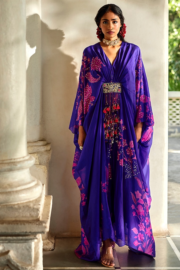Purple Silk Organza Printed Kaftan by Paulmi & Harsh at Pernia's Pop Up Shop