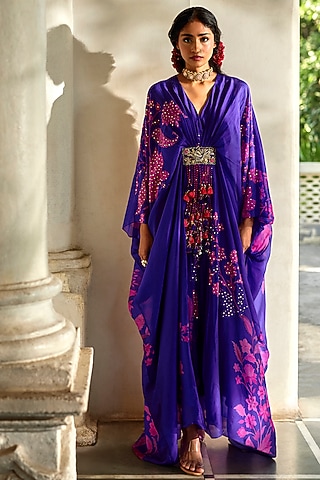 Purple Silk Organza Printed Kaftan by Paulmi & Harsh