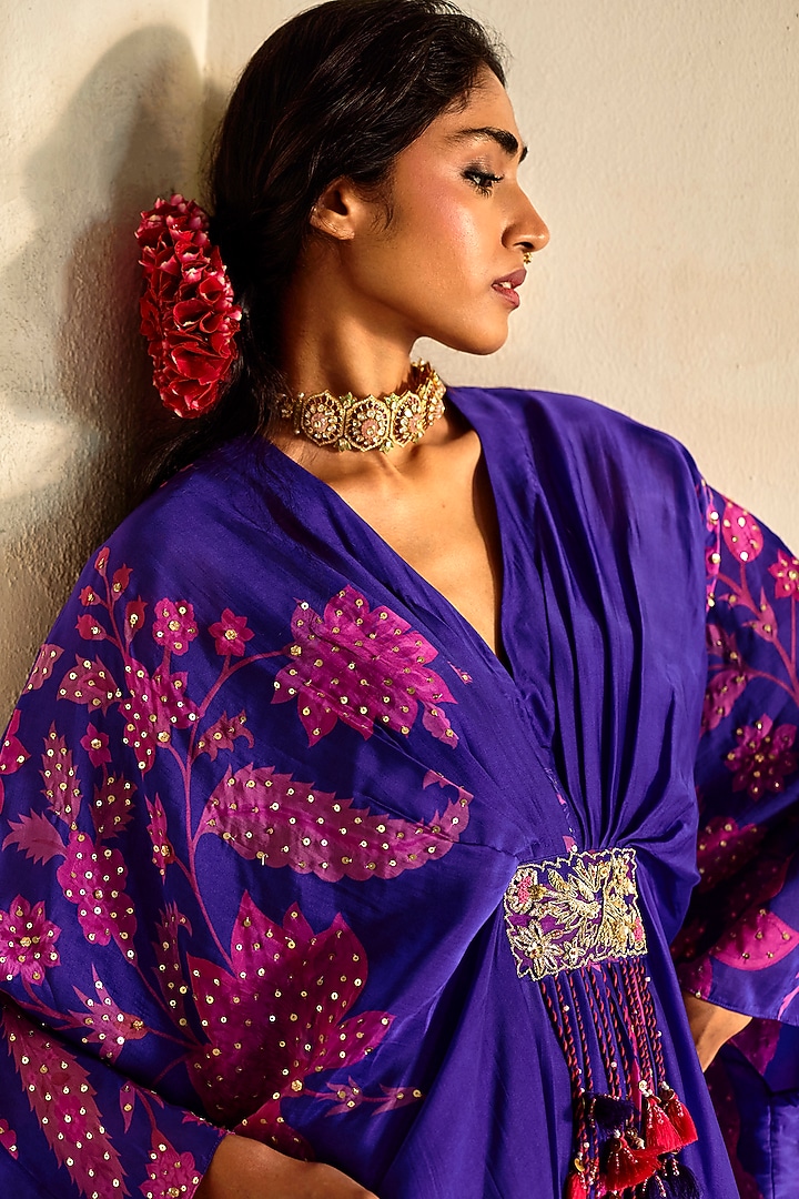 Purple Silk Organza Printed Kaftan by Paulmi & Harsh at Pernia's Pop Up Shop