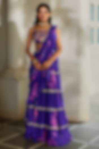 Purple Chiffon Floral Printed Pre-Stitched Wedding Saree Set by Paulmi & Harsh at Pernia's Pop Up Shop