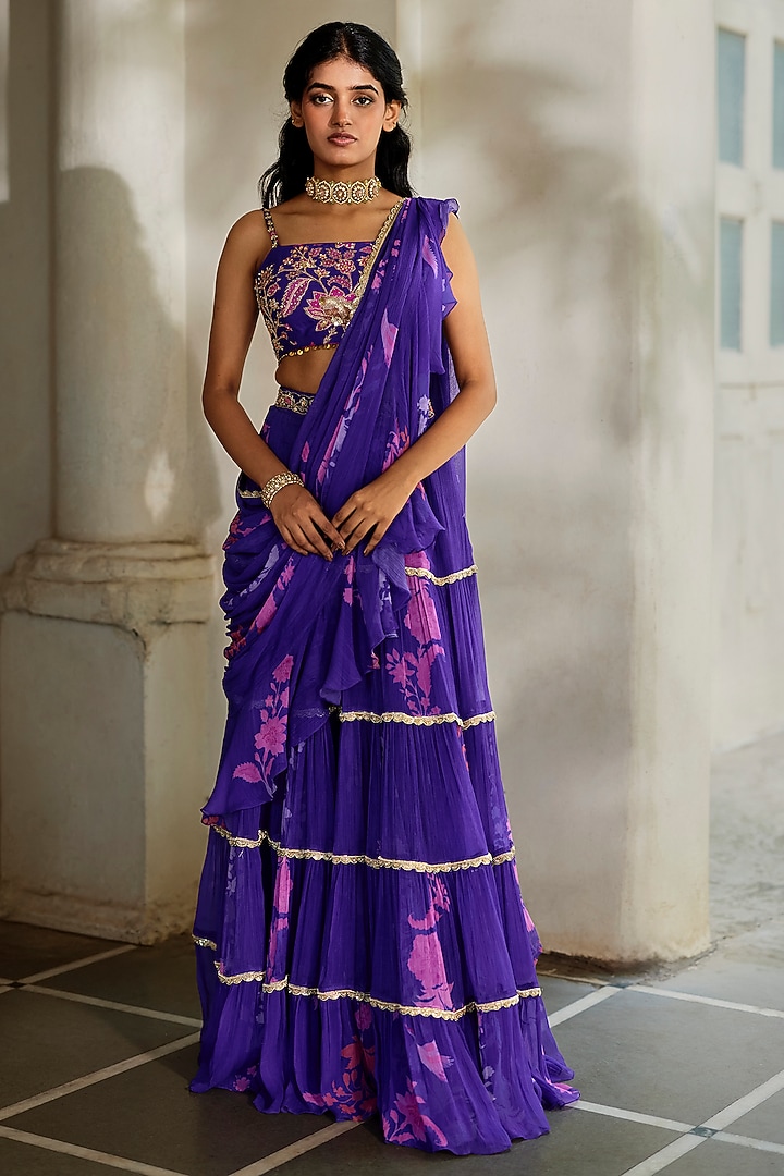 Purple Chiffon Floral Printed Pre-Stitched Wedding Saree Set by Paulmi & Harsh at Pernia's Pop Up Shop