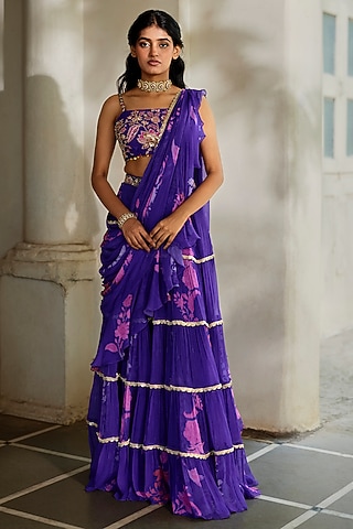 Purple Chiffon Floral Printed Pre-Stitched Saree Set by Paulmi & Harsh