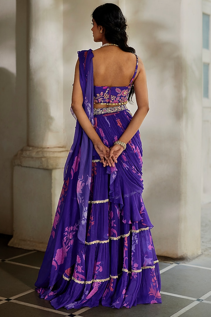 Purple Chiffon Floral Printed Pre-Stitched Wedding Saree Set by Paulmi & Harsh at Pernia's Pop Up Shop