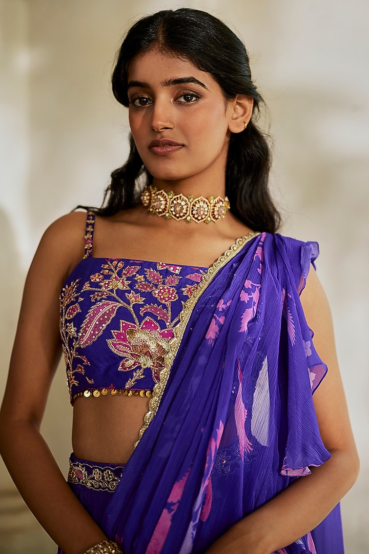 Purple Chiffon Floral Printed Pre-Stitched Wedding Saree Set by Paulmi & Harsh at Pernia's Pop Up Shop