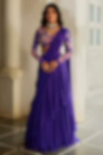 Purple Chiffon Pre-Draped Wedding Saree Set by Paulmi & Harsh at Pernia's Pop Up Shop