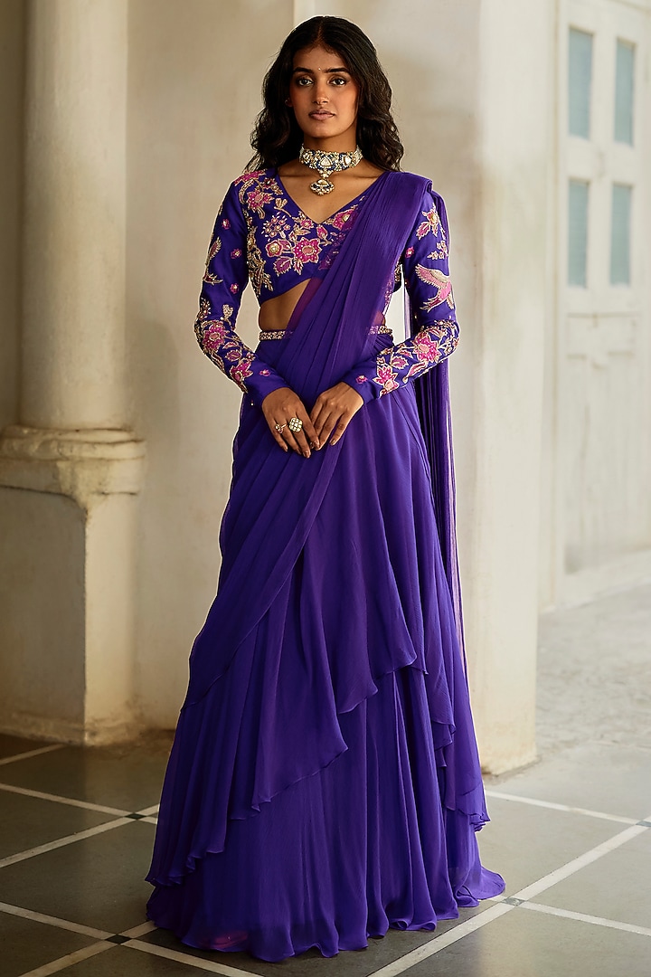 Purple Chiffon Pre-Draped Wedding Saree Set by Paulmi & Harsh at Pernia's Pop Up Shop