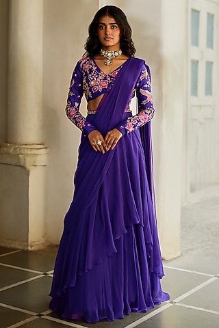 Purple Chiffon Pre-Draped Saree Set by Paulmi & Harsh