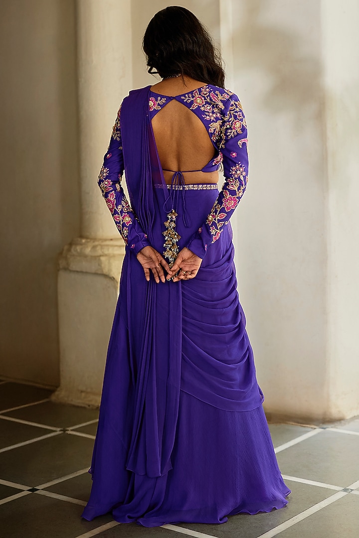 Purple Chiffon Pre-Draped Wedding Saree Set by Paulmi & Harsh at Pernia's Pop Up Shop