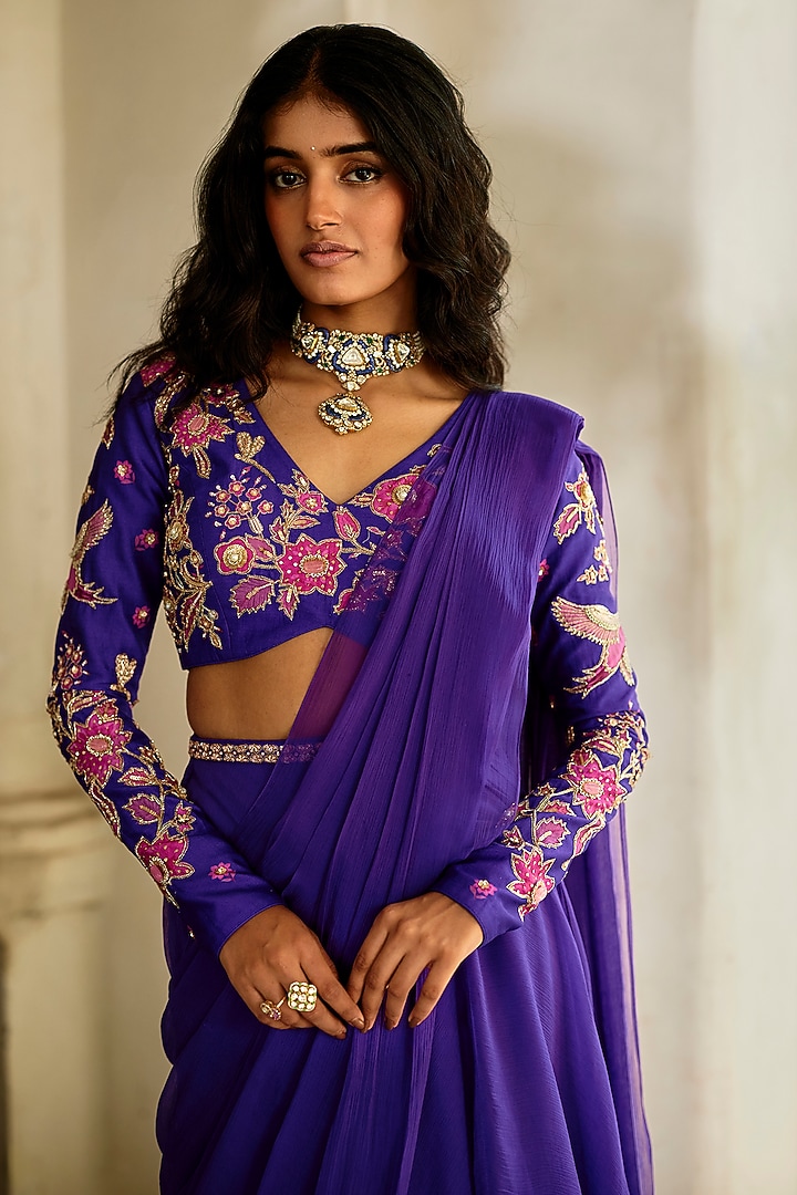 Purple Chiffon Pre-Draped Wedding Saree Set by Paulmi & Harsh at Pernia's Pop Up Shop