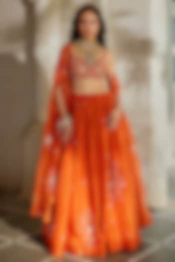 Rust Orange Pure Organza Hand Embroidered Jacket Wedding Lehenga Set by Paulmi & Harsh at Pernia's Pop Up Shop